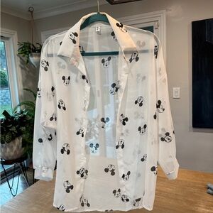 White Sheer Mickey Mouse Button Down Top